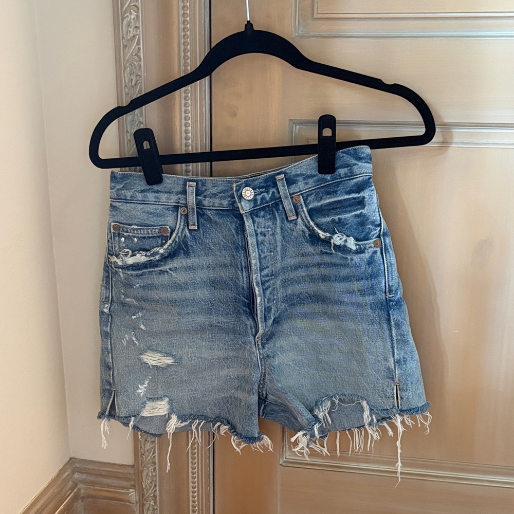 Agolde Light Blue Distressed Denim Jean Shorts